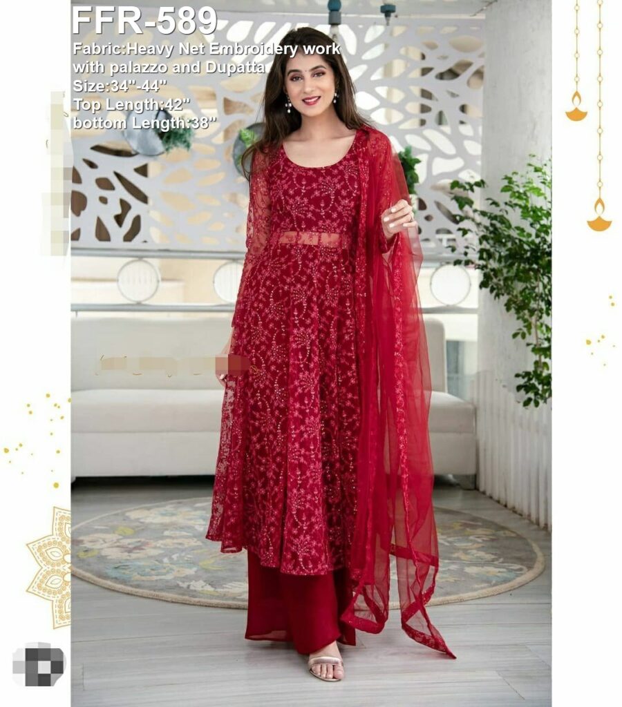 FFR-589 Double layer Red Anarkali with Embroidery Work 