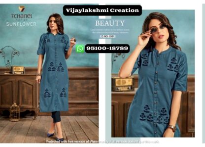 7Chanel D no 1001 Cotton Fancy Embroidery Work Designer kurti in Singles Piece - Sunflower
