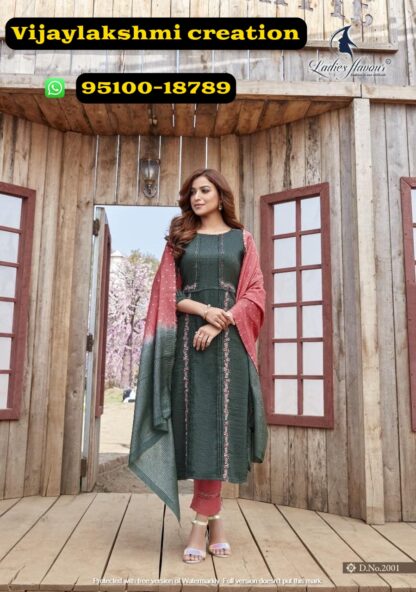 Ladies Flavour Aarohi Vol 5 D.No. 2001 Lunar Green kurti pant set with dupatta