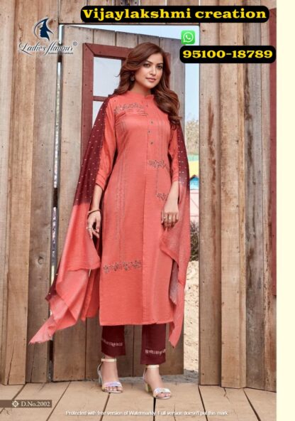 Ladies Flavour Aarohi Vol 5 D.No. 2002 pink kurti pant set with dupatta