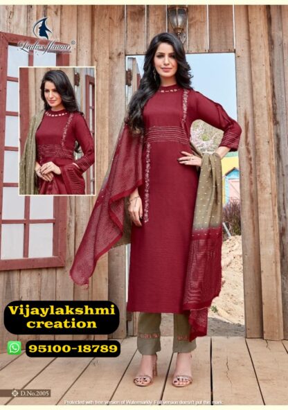 Ladies Flavour Aarohi Vol 5 D.No. 2005 Wine red kurti pant set with dupatta