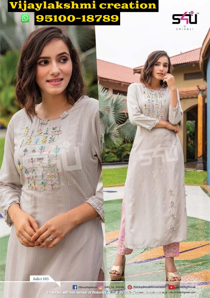 S4U Juliet 101, Juliet 102, Juliet 103, Juliet 104, Juliet 105, Juliet 106,  Juliet 107 Rayon With Hand Work Kurti With Pant In singles And Full  Catalog- Juliet