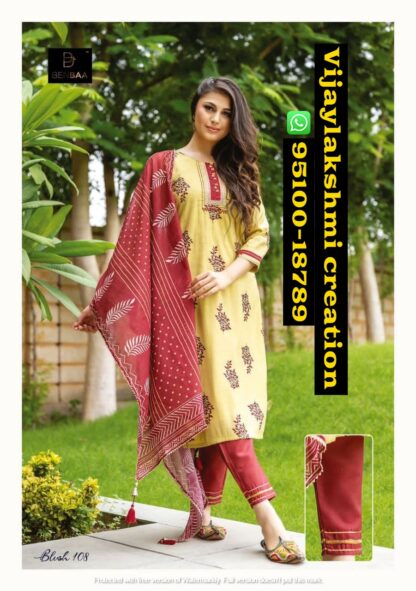 Benbaa Blush 108 Cotton Jam Printed Ready Made kurti pant with dupatta collection