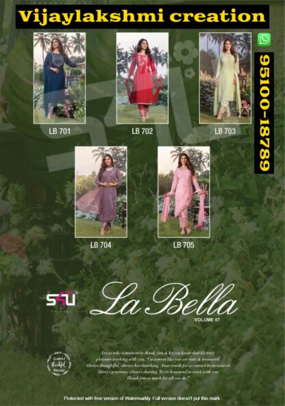 S4U La Bella Vol 7 LB 701 to LB 705 Handwork Kurta With Pant And Dupatta in singles and full catalog