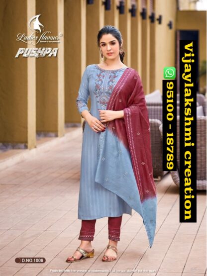 Ladies Flavour Pushpa D.NO 1006 Kurti pant with dupatta in singles and full catalog