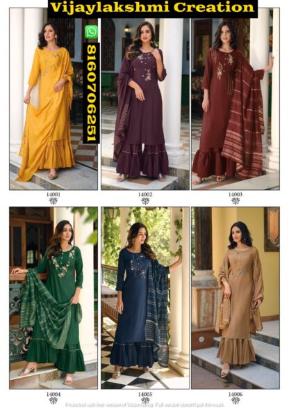 Kalki Fashion Khwaab D.No. 14001 To 14006 Kurtis With Sharara And Duppta In Singles And Full Catalog