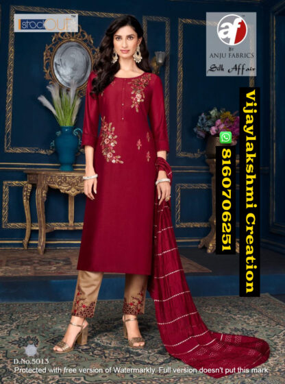 Anju Fabrics Silk Affair D.No 5013 Kurti Pant With Dupatta In Singles And Full Catalog