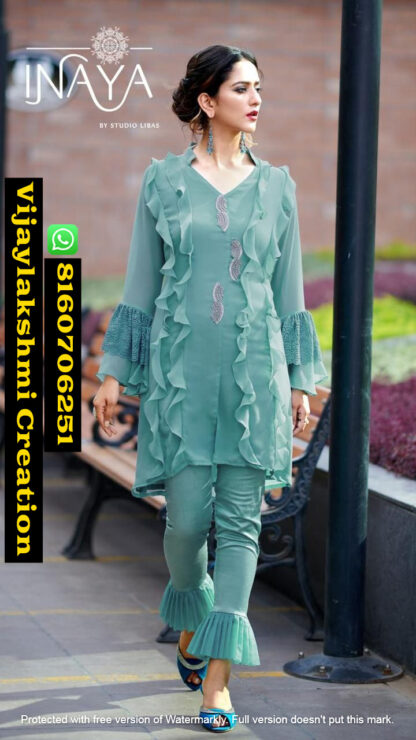 Inaya Studio Libas Frills & Frills Lpc 29 Steel Blue Kurtis and Pants In Singles And Full Catalog