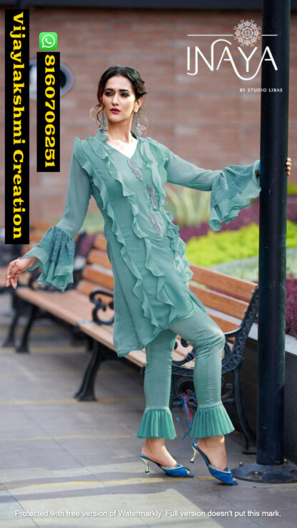 Inaya Studio Libas Frills & Frills Lpc 29 Steel Blue Kurtis and Pants In Singles And Full Catalog