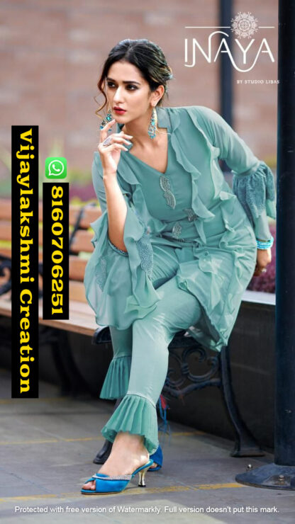 Inaya Studio Libas Frills & Frills Lpc 29 Steel Blue Kurtis and Pants In Singles And Full Catalog