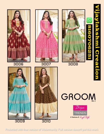 Kajal Style Groom Vol 3 D.No 3006 To 3010 Kurti Gowns In Singles And Full Catalog