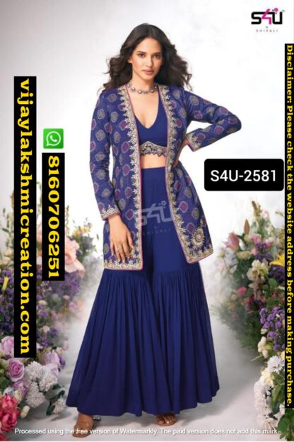 S4U D.No S4U-2581 Blue Embroidered Jacket with Bustier and Sharara Set In Singles and Full Catalog