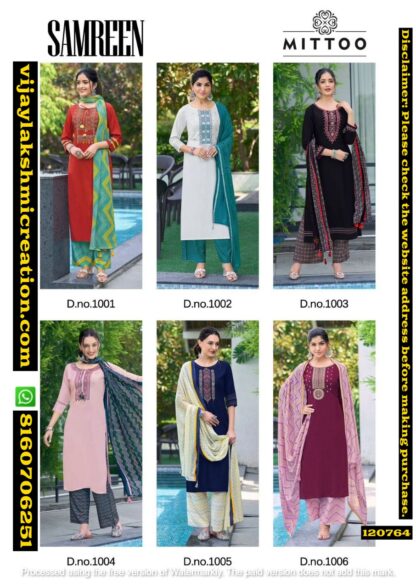 Mittoo Samreen D.No 1001 To 1006 Kurti With Bottom In Singles And Full Catalog-120764