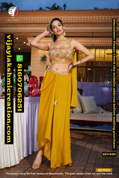 Anju Fabrics D.No. DC 9113 Crop Top With Drape Skirt And Dupatta In Singles And Full Catalog 127401