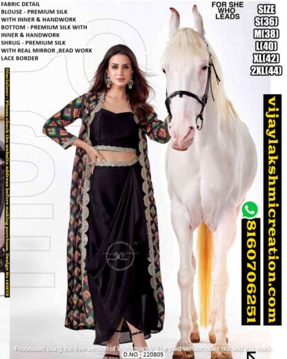 Mukesh & Mohit (M & M) D.No.220805 Crop Top with Draped Skirt & Long Shrug Set In Singles And Catalog 141872