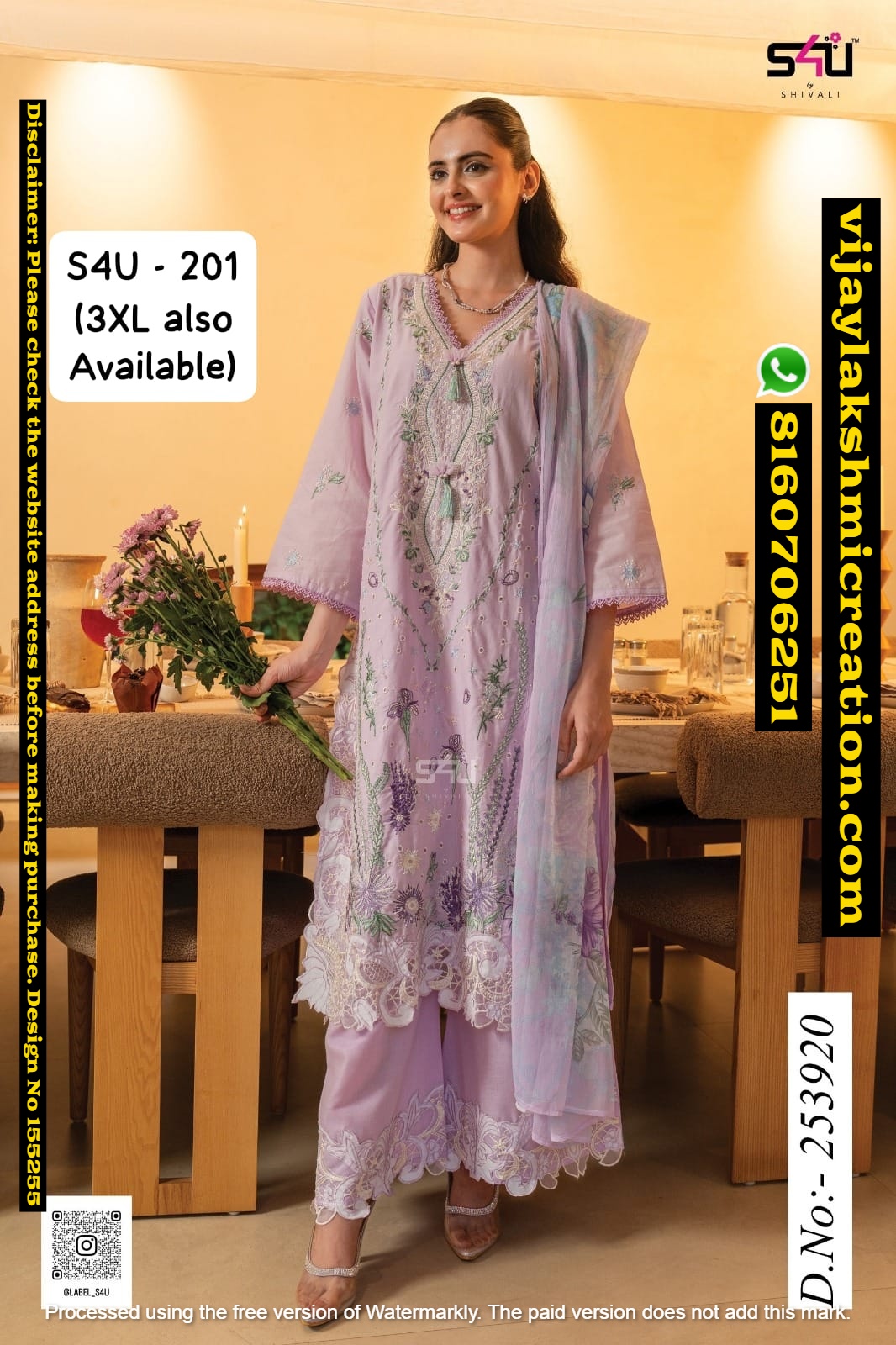 S4U By Shivali S4U-201 D.No.253920 Lavender Embroidered Palazzo Set In-Singles-And-Full-Catalog 155255