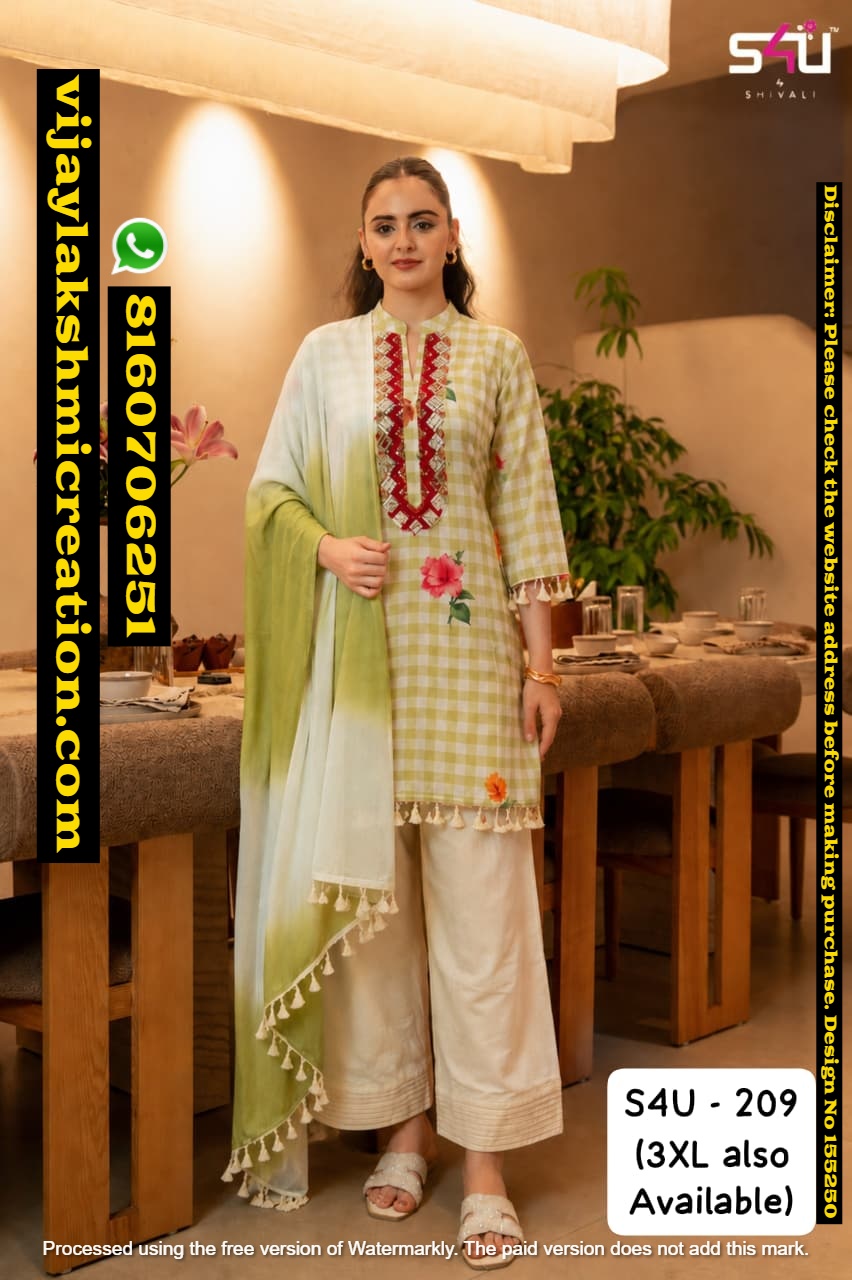 S4U By Shivali S4U-209 Off-white And Green Check Embroidered Kurta Set with Pant And Dupatta In-Singles-And-Full-Catalog-155250