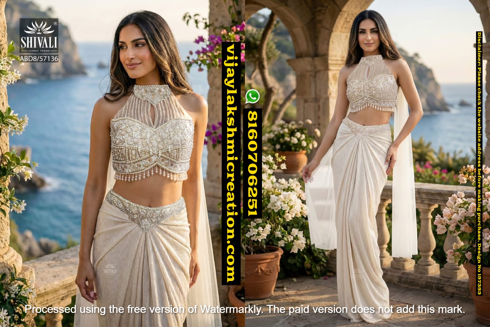 Shivali ABD8-57136 Ivory Pre-draped Saree Set With heavily pearl embellished blouse and waist belt In-Singles-And-Full-Catalog-157353