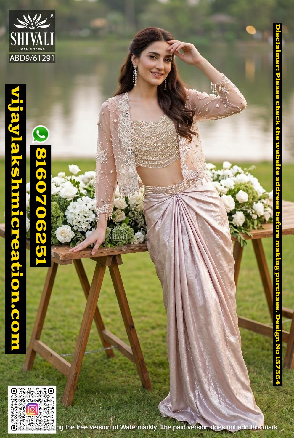 Shivali ABD9-61291 Blush Pink Beaded Crop Blouse With Draped Skirt And Sheer Jacket In Singles-And-Full-Catalog-157564