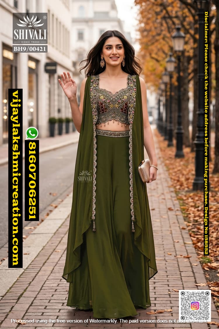 Shivali BH9-00421 olive green embroidered cape palazzo set with In-Singles-And-Full-Catalog-158552
