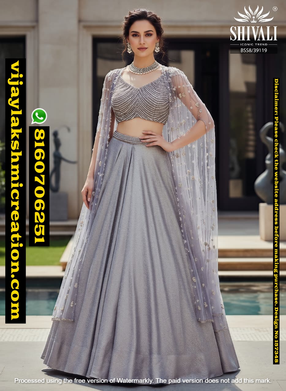 Shivali BSS8-39119 silver-metallic-lehenga-set-with-pearl-embellished-blouse-and-net-cape In-Singles-And-Full-Catalog-157348