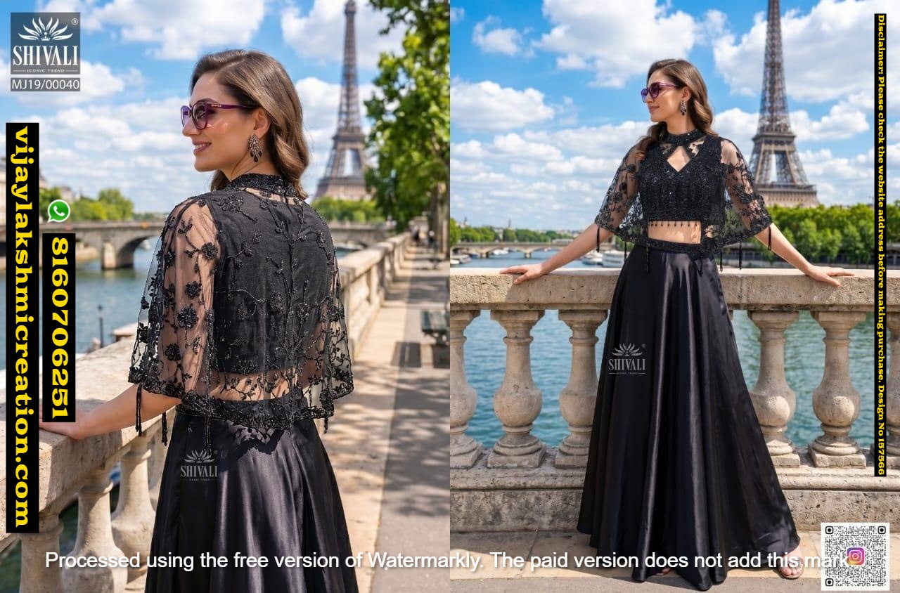 Shivali MJ19-00040 Black three-piece Indo-Western floor-length lehenga skirt With choli and sheer cape In Singles-And-Full-Catalog-157566