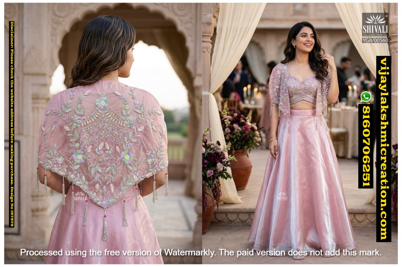 Shivali YG8-00560 Pink Blouse With Flare Skirt Topped with a netted cape In Singles-And-Full-Catalog-157575
