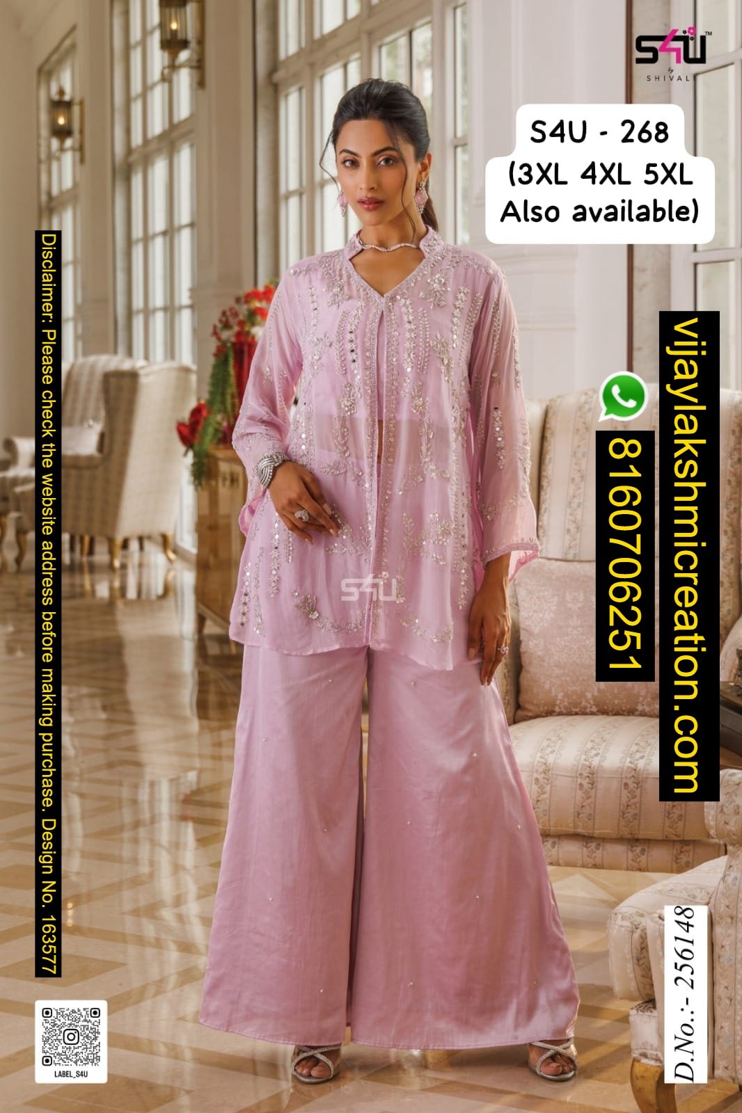 Label S4U D.No.256148 S4U-FD-268 Pink Embroidered Palazzo Set In Singles And Full Catalog-163577